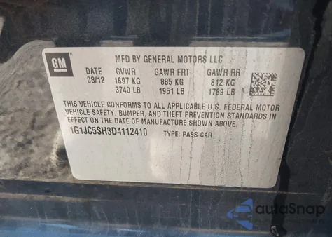 2013 Chevrolet Sonic Lt Auto из США, поврежденный, VIN 1G1JC5SH3D4112410